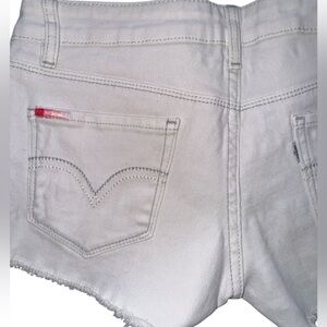 Size 1 Cream Levis Cutoff Denim Shorts Frayed Cuff Pink Thread Detail Low Rise